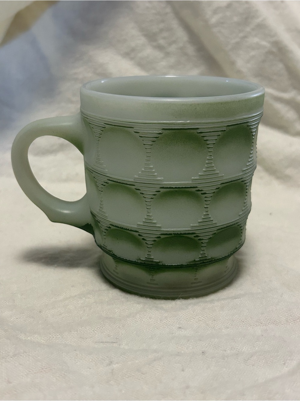 Vintage Anchor Hocking USA Fire King Green Camelot Thumbprint Coin Dot Ombré Mug